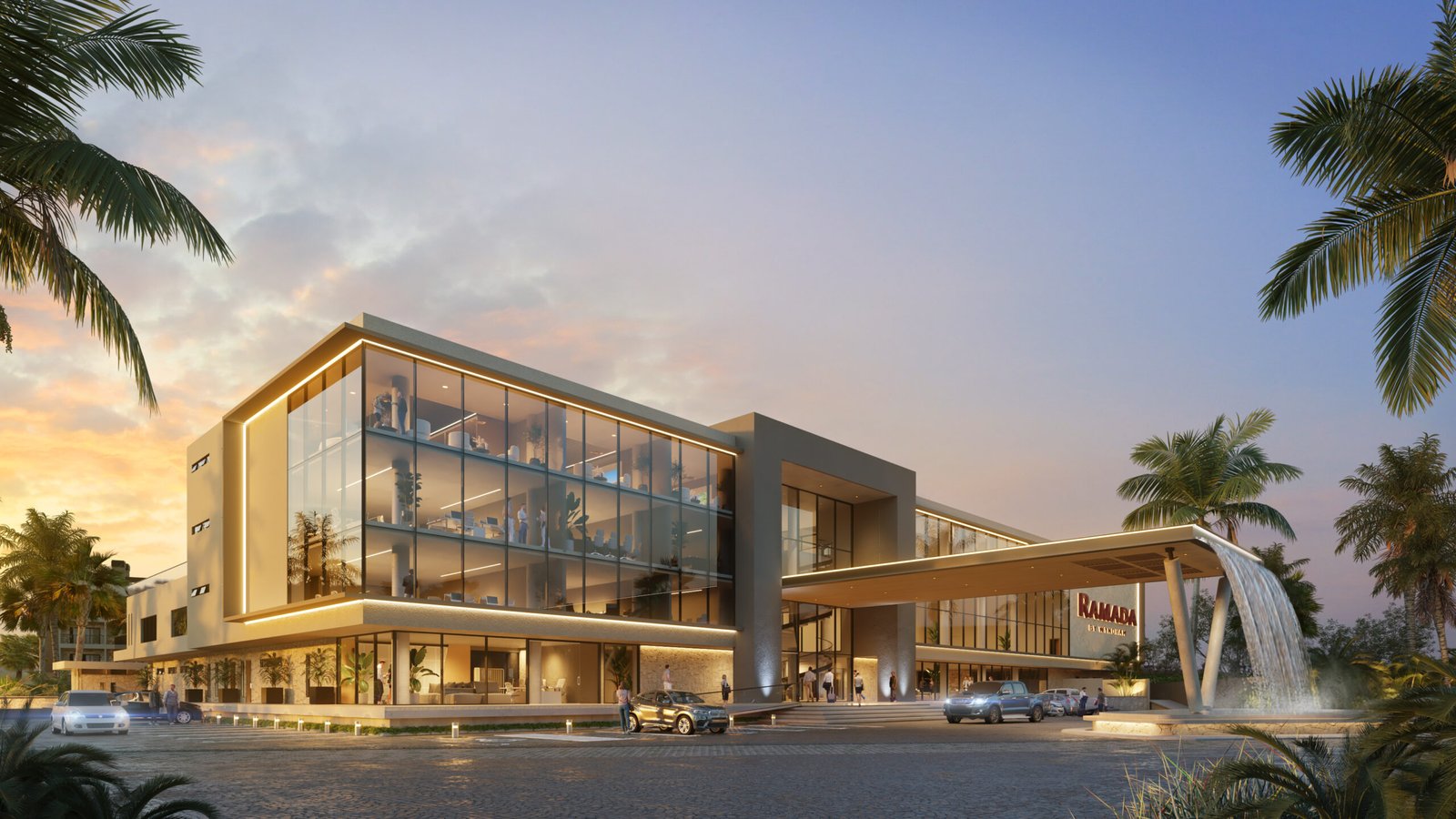 Render del exterior peatonal del hotel Ramada La Romana en República Dominicana