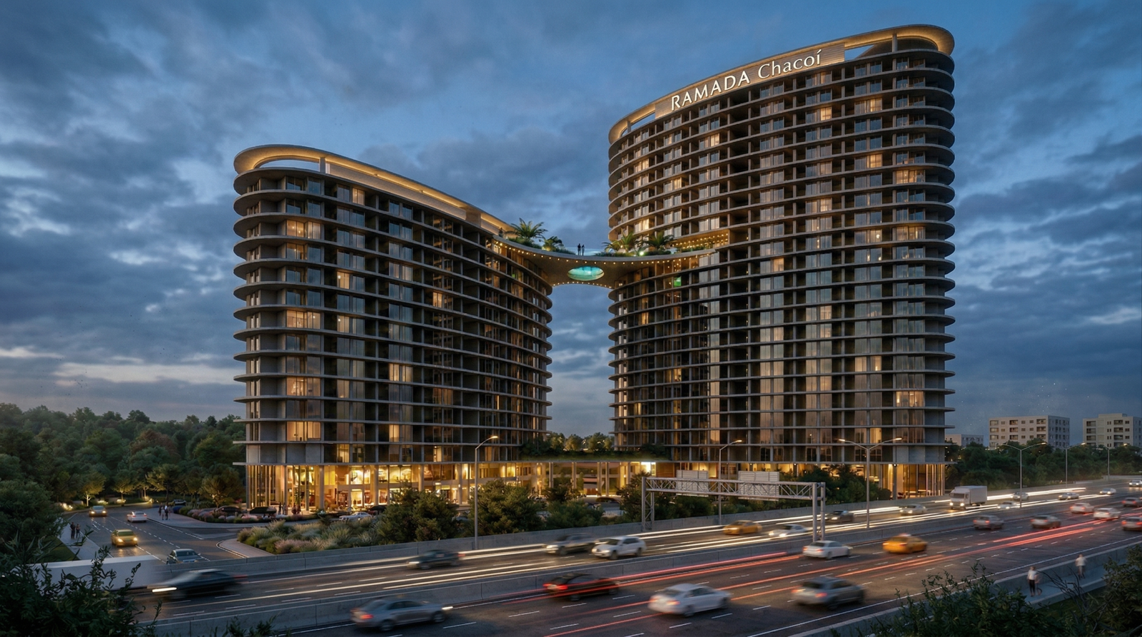 Render exterior del Ramada Chaco I mostrando la fachada del nuevo hotel Wyndham en Asunción