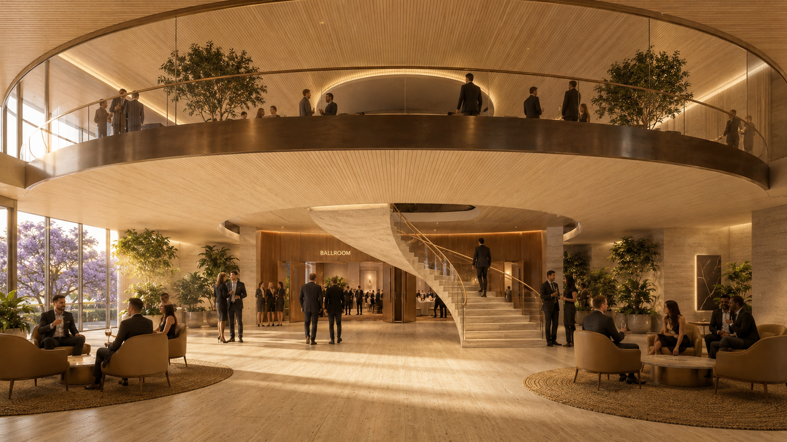 Render del lobby de doble altura del Ramada Chaco I