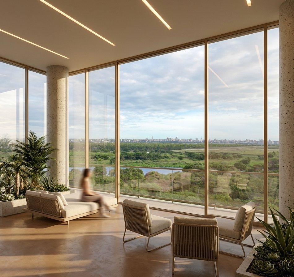 Render interior de habitación tipo del Ramada Chaco I con vista al entorno natural del Chaco