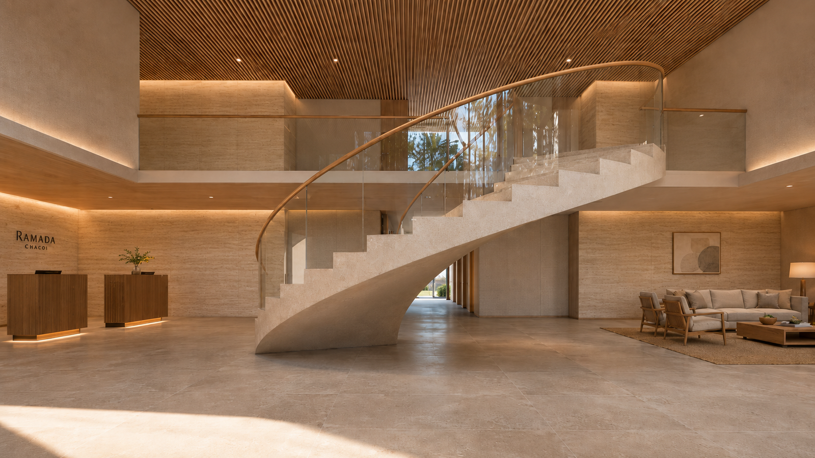 Render del lobby residencial del Ramada Chaco I